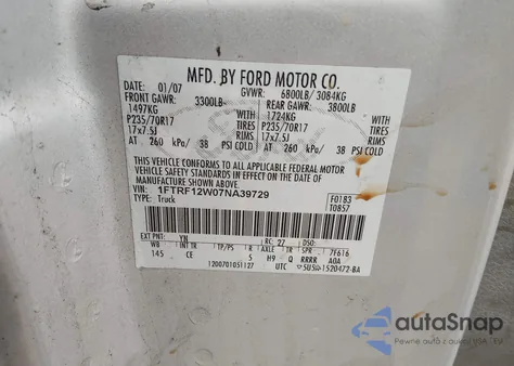 2007 Ford F-150 Stx/Xl/Xlt z USA, uszkodzony, nr VIN 1FTRF12W07NA39729